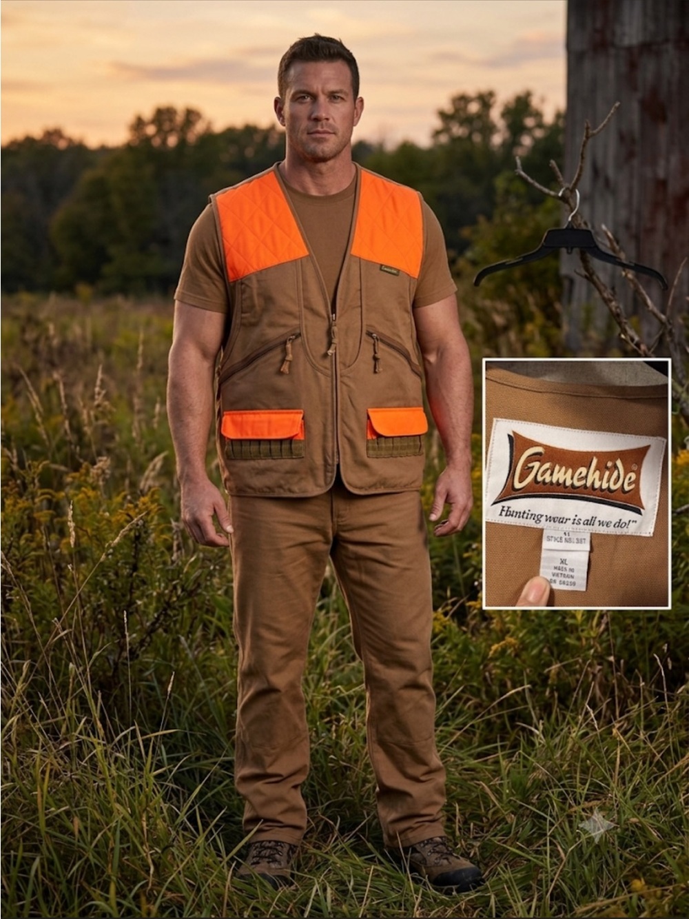 Gamehide Men's Brown Hunting Vest with Blaze Orange Panels